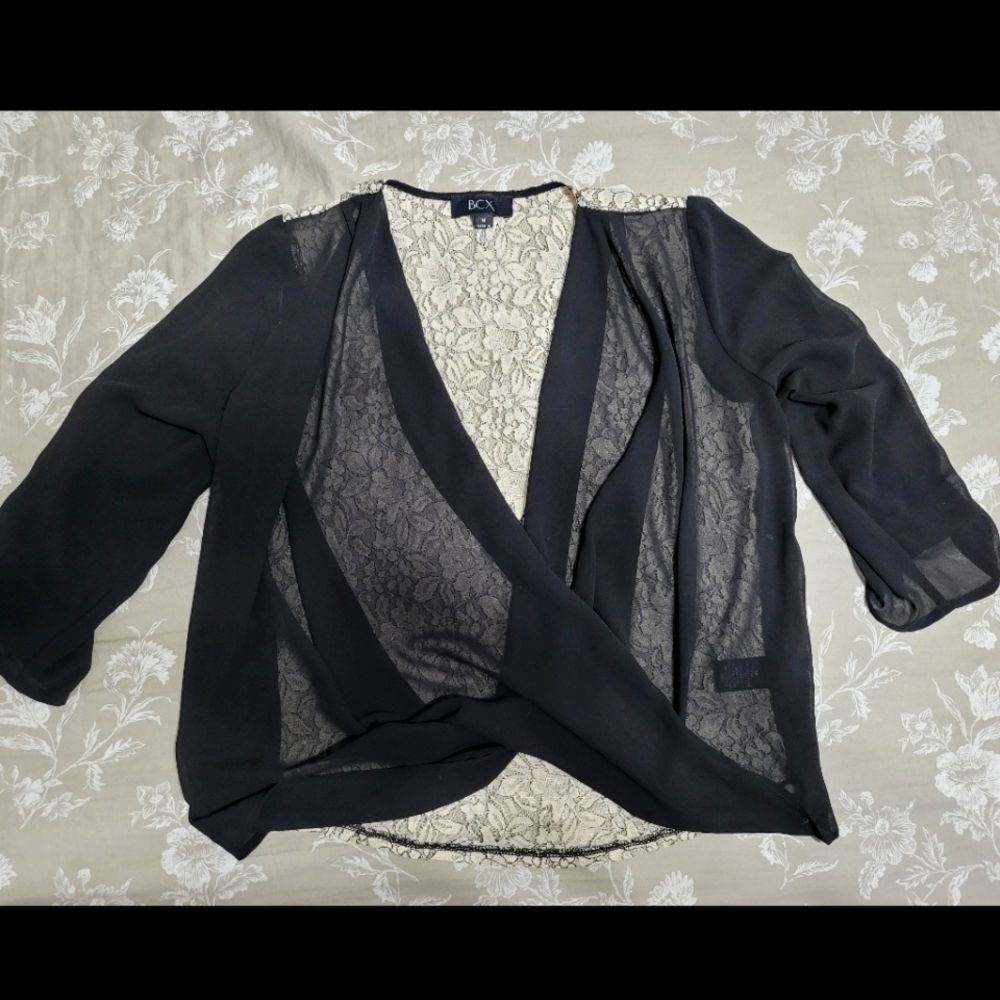 BCX black sheer top with lace backing M
